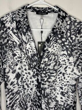 CABLE & GUAGE NEW Rouched Lace Button Up Collared Top Women XL Black White Lined